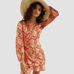 Anthroplogie Womens Red Silk Blend Floral Boho Mini Dress. Sz 8